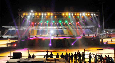 The brightly lit stage at the sports stadium where the inaugural ceremony of the third edition of the Kabaddi World Cup will take place today.