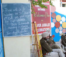 A board outside Guru Harkishan Public School, located opposite the stadium, the venue of the inaugural ceremony, announcing holidays on account of the kabaddi cup. 