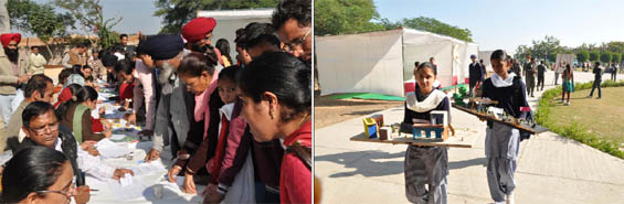 (Left) Student register for the state-level science fair that started at Baba Farid Institute, Deon, on Friday; children take their model for display at the science exhibition. 