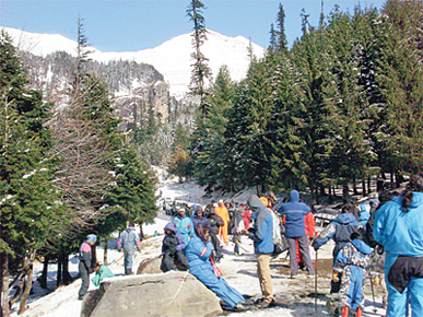 Tourists throng Snow Point to enjoy a fresh spell of snowfall at Kothi on the Manali-Rohtang road on Friday.