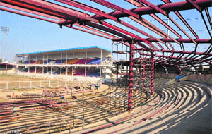 A view of renovation work being carried out at Guru Gobind Singh Stadium in Jalandhar. 
