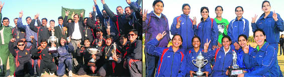 Shooters of the ITBP and CRPF (right) in jubilant mood after winning the overall trophy (men) and the overall trophy (women), respectively, in the sixth All-India Police Shooting (Sports) Championship, held at the PAP shooting range, in Jalandhar on Friday.
