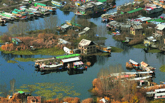 An aerial view of the Dal Lake in Srinagar on Friday shows encroachments on the shrinking lake.