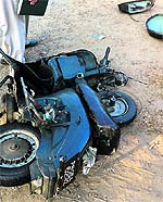 The mangled remains of the scooter that collided with a car on the Ludhiana-Ferozepur highway
