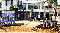 Construction in full swing at a religious place in Sarabha Nagar, Ludhiana, on Friday