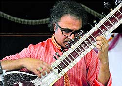 Pt Shubhendra Rao performs at Guru Nanak Khalsa College in Ludhiana on Friday
