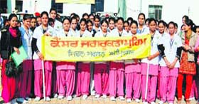 Nursing students during the cancer survey in Amritsar on Saturday