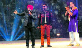 Gurpreet Ghuggi, Gippy Grewal and Akshay Kumar at the inaugural ceremony of the Third World Cup Kabaddi on Saturday night.