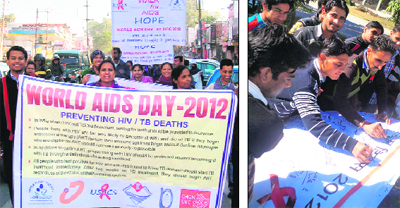 (Left) The Uttarakhand State AIDS Control Society takes out an awareness rally in Dehradun on Saturday; (right) Members of Mamta, a social organisation, participate in a signature campaign in Dehradun on Saturday. 