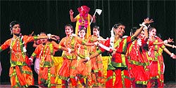 Students performing during golden jubilee year celebrations of Dewan Badrinath Vidya Mandir School in Jammu on Saturday