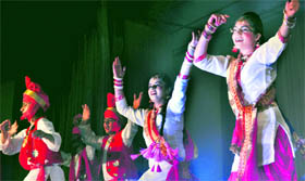 Students perform bhangra during the annual day celebrations of Sat Paul Mittal School in Ludhiana on Saturday.