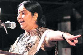 Leader of Opposition in Lok Sabha Sushma Swaraj addresses a public meeting in Vadodara on Saturday
