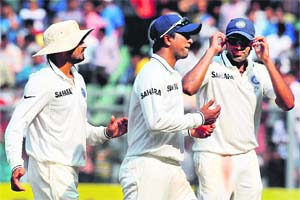 In the first Test, the Englishmen were clueless against Pragyan Ojha (centre) and R. Ashwin's (right) bowling. The duo claimed 13 wickets  nine and four apiece