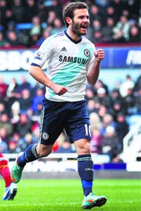 Chelseas Juan Mata after scoring against West Ham during their English Premier League match in London on Saturday