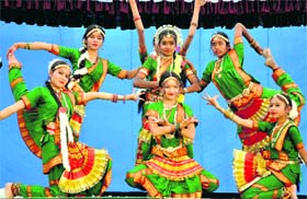 Students perform a dance during the 46th founders day celebrations at Marshal School in Dehradun on Sunday.