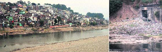 A view of the Tawi showing encroachments; (right) heaps of garbage lie on the banks of the river near the Jogi Gate cremation ground in Jammu.