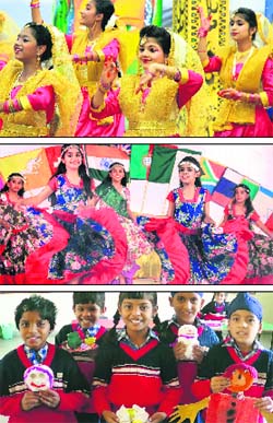 Students of Cambridge International School and Guru Amar Dass Public School perform during their annual functions; and students of Eklavya School show decoration pieces made by them from old and waste material during the Old is gold programme in Jalandhar.