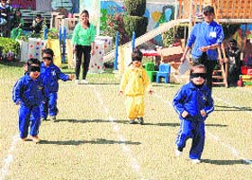 Children take part in fun games during the annual sports day of Mother's Touch Kindergarten, Rishi Nagar, Ludhiana.
