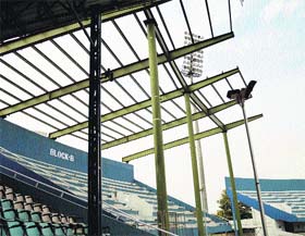 Iron sheets yet to be installed in block B of the stadium.