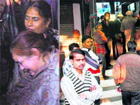 Wailing family members of Harish Mahajan who died in mishap in Amritsar on Monday; and (right) People throng the accident site after it sent shock waves in the area near the bus stand.