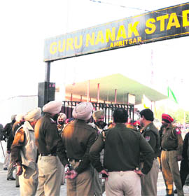 Police personnel deputed outside Guru Nanak Stadium, which will host three matches of the World Cup Kabaddi, in Amritsar on Monday.