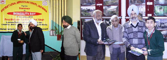 (Left) District and Sessions judge and chairman of District Legal Services Authority Jaspal Singh gives away fruits and sweets to the students of the Mahant Gurbanta Dass School for Deaf and Mute Children. VC of Central University of Punjab, Prof Jai Rup Singh (right), gives away token gifts to the schools students at the universitys city campus on Monday.