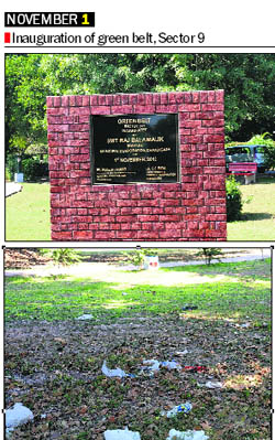 Ground reality: One portion of the green belt, which is being looked after by the owners of a well-known fast food chain, is very well maintained. But the area, which is being maintained by the municipal corporation, is in a bad shape. Garbage can be seen scattered all over the green belt, flowerbeds have dried up, stray dogs can be seen roaming freely and in many areas the grass cover has also gone