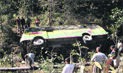 The bus which fell into a gorge near Karot village on Monday. A Tribune photograph