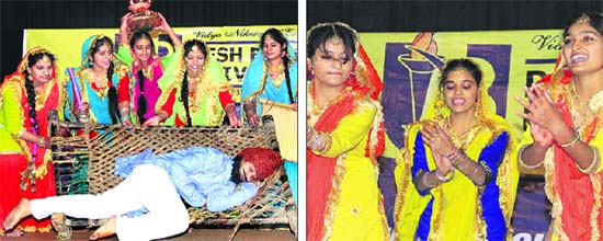 School students perform gidda during inter-school youth festival Pratibha-12 organised by Desh Bhagat University at Desh Bhagat Yadgaar Hall in Jalandhar on Monday