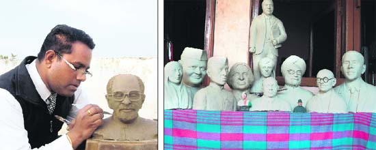 Charanjit Maan gives final touches to a statue of the late Prime Minister Inder Kumar Gujral; and (right) clay busts of world leaders made by him at his residence in Lesriwal village