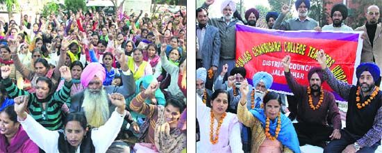 Members of the ASHA Worker and Facilitator Union, Punjab, hold a dharna in front of the Civil Surgeons office; and (right) members of the Punjab and Chandigarh College Teachers Union sit on a hunger strike in front of the Deputy Commissioners office in Jalandhar on Monday