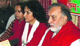 Chief patron of the National Panthers Party Bhim Singh recently addressing the media in Jammu. 
