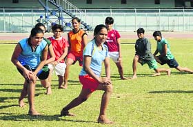 Players of the Indian kabaddi team practise at Guru Nanak Stadium in Ludhiana on Monday