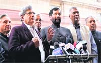 LJP president Ram Vilas Paswan, CPM leader Sitaram Yechury, Congress MP Mani Shankar Aiyer and CPI leader D Raja address the media after a meeting with Prime Minister Manmohan Singh in New Delhi on Monday