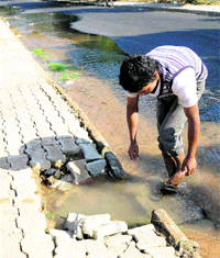 Water accumulated alongside a road near the PhD Chamber in Sector 31, Chandigarh.