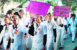 Students of Guru Dronacharya Nursing College take out an AIDS awareness rally at Yol Cantonment near Dharamsala on Tuesday