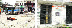 Baijnath bus stand full of potholes; and (right) the only toilet is seen locked.