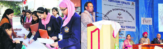 School students register themselves for participating in five-day programme INSPIRE; and (below) a resource person addresses the gathering at the start of the programme at Kanya Maha Vidyalaya in Jalandhar on Tuesday. 