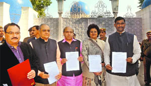 A BJP delegation outside Pakistan High Commission in New Delhi on Tuesday. 