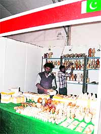 Traders from Pakistan set up their stalls for PITEX-2012 at Ranjit Avenue in Amritsar on Wednesday