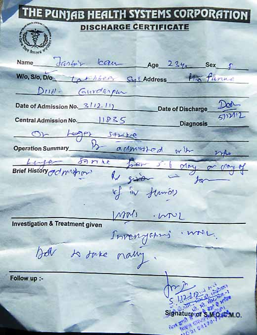 Jasbir Kaurs discharge slip.