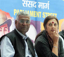 Left leaders D. Raja and Brinda Karat during the Dalit rally at Jantar Mantar in New Delhi on Wednesday. T
