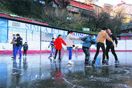 Children enjoy at the Ice-Skating Rink in Shimla on Wednesday.