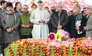 Chief Minister Omar Abdullah pays tributes to his grandfather Sheikh Mohammad Abdullah at his mausoleum in Srinagar.