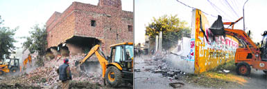 Machines pull down illegal structures at Sunet village in Ludhiana on Wednesday