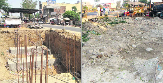 A file photo of a trench dug up for an overbridge at the bus stand in Doraha; and (right) the trenchhas now been filled.
