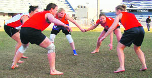 Members of the England kabaddi team practise at Guru Nanak Stadium on Wednesday. 