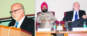 Dr Richard J Fugo addresses students; (right) professor A S Brar and Dr Richard J Fugo during a lecture on Invention of fugo blade and its applications at at the Guru Nanak Bhawan Auditorium, Guru Nanak Dev University, on Thursday