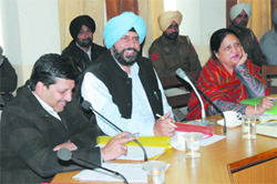 Municipal Commissioner Uma Shankar Gupta, Mayor Baljit Singh Beerbehman and Deputy Mayor Gurinderpal Kaur Mangat at the MCB meeting held on Thursday.