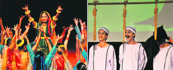 ( Left) The play, Maa, being staged; and students play the role of martyrs Bhagat Singh, Rajguru and Sukhdev at Tagore Theatre in Chandigarh on Thursday.